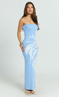 Rema Maxi Dress - Intarsia Floral Strapless Knitted Dress in Light Blue
