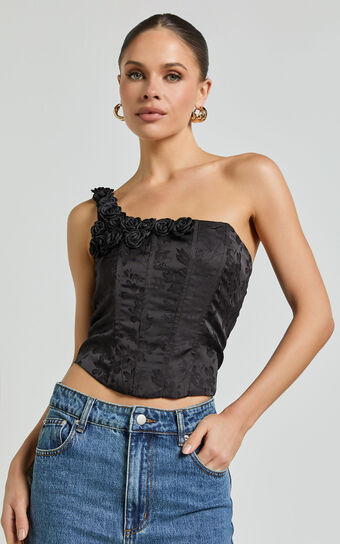 Gemma Top - One Shoulder Rosette Detail Top in Black