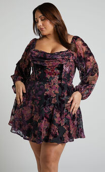 Jessell Mini Dress - Long Sleeve Cowl Corset Dress in Burnt Out Floral