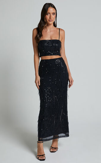 Harue Midi Skirt - High Waisted Tassel Sequin Slip Skirt in Black