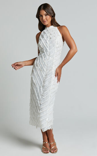 Maldivia Midi Dress - High Neck Sequin Dress in Off White