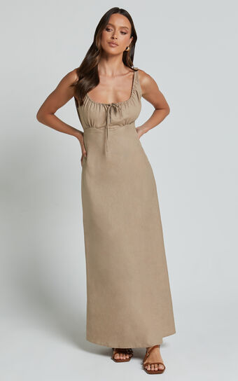 Lucas Midi Dress - Ruched Bust Linen Look Dress in Tobacco | Showpo USA