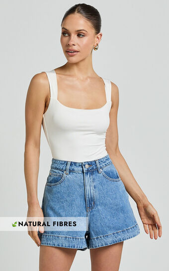 Rhianna Shorts - Mid Waist Recycled Denim Shorts in Mid Blue Wash