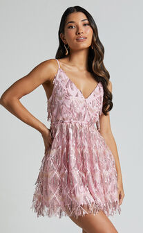 Khrizza Mini Dress - Sequin Gathered Dress in Light Pink