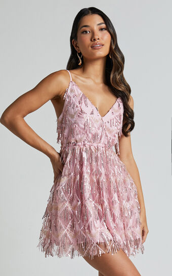 Khrizza Mini Dress Sequin Gathered in Light Pink Showpo Australia
