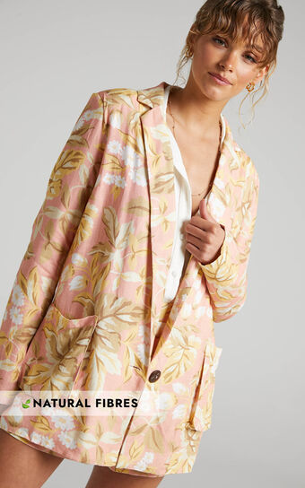 Amalie The Label - Bay Linen Relaxed Button Front Blazer in Pink Floral