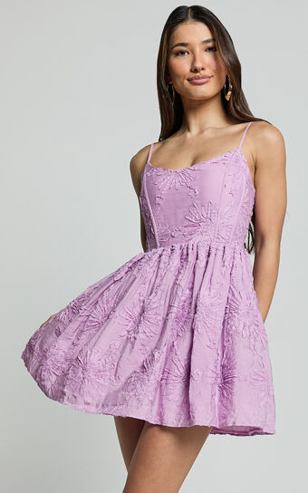 Gail Mini Dress - Scoop Neck Embroidered Corset Dress in Purple