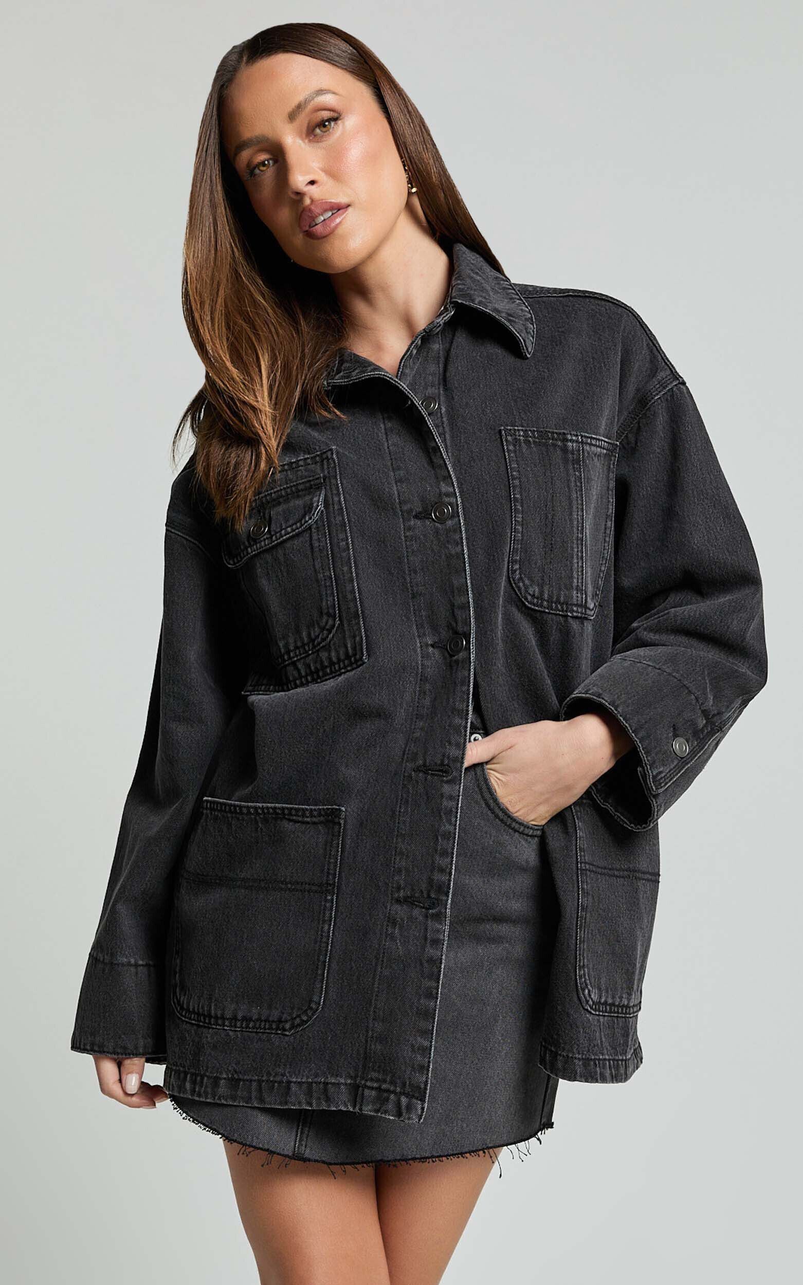 Harlow Jacket Oversized Long Sleeve Denim Jacket in Black Wash