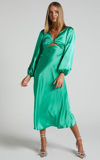Cosmina Midi Dress - Twist Cut Out Long Sleeve Satin Dress in Mint