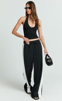 Davi Pants - Drawstring Waist Contrast Panel Tailored Pants in Black