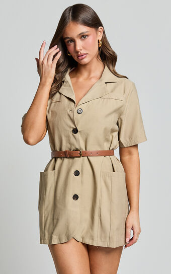 Thelma Mini Dress Short Sleeve Button Up Shirt in Oat No Brand Sale