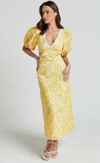 Imogen Midi Dress - Plunge Neck Puff Sleeve Side Cut Out Dress in White and Yellow