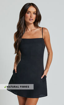 Mavie Mini Dress - Linen Strappy Shift Dress in Black