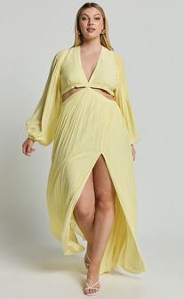 Paige Maxi Dress - Side Cut Out Balloon Sleeve Dress in Lemon