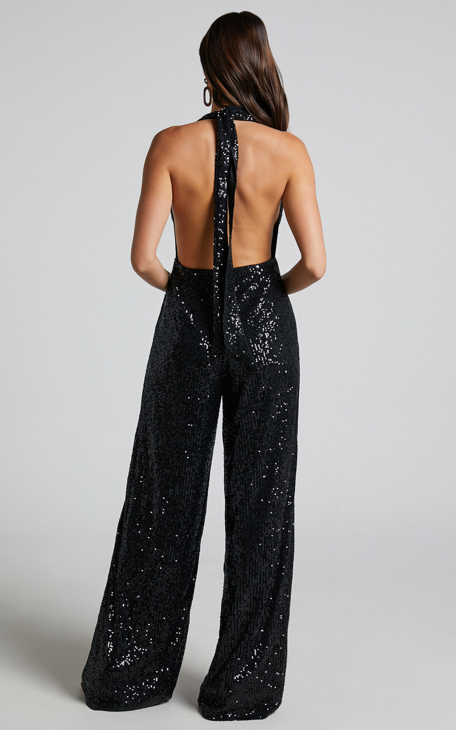 Black sequin halter jumpsuit discount