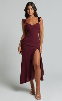 Morgan Midi Dress - Frill Asymmetric Split Dress in Grape