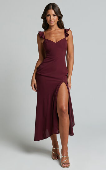 Morgan Midi Dress  Frill Asymmetric Split in Grape Showpo