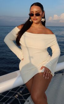 Pietra Mini Dress - Knitted Off Shoulder Dress in Cream