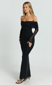Bethanie Maxi Dress - Off The Shoulder Mesh Dress in Black