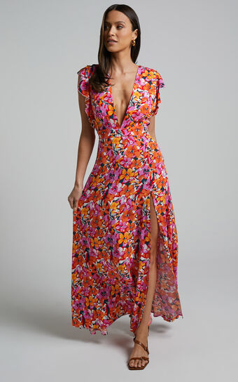 Dyliah Midi Dress - Thigh Split Frill Shoulder Plunge Neck Dress in Spring Floral Showpo