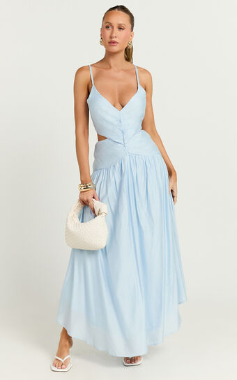 Edlyn Midi Dress - V Neck Side Cut Out Dress in Blue