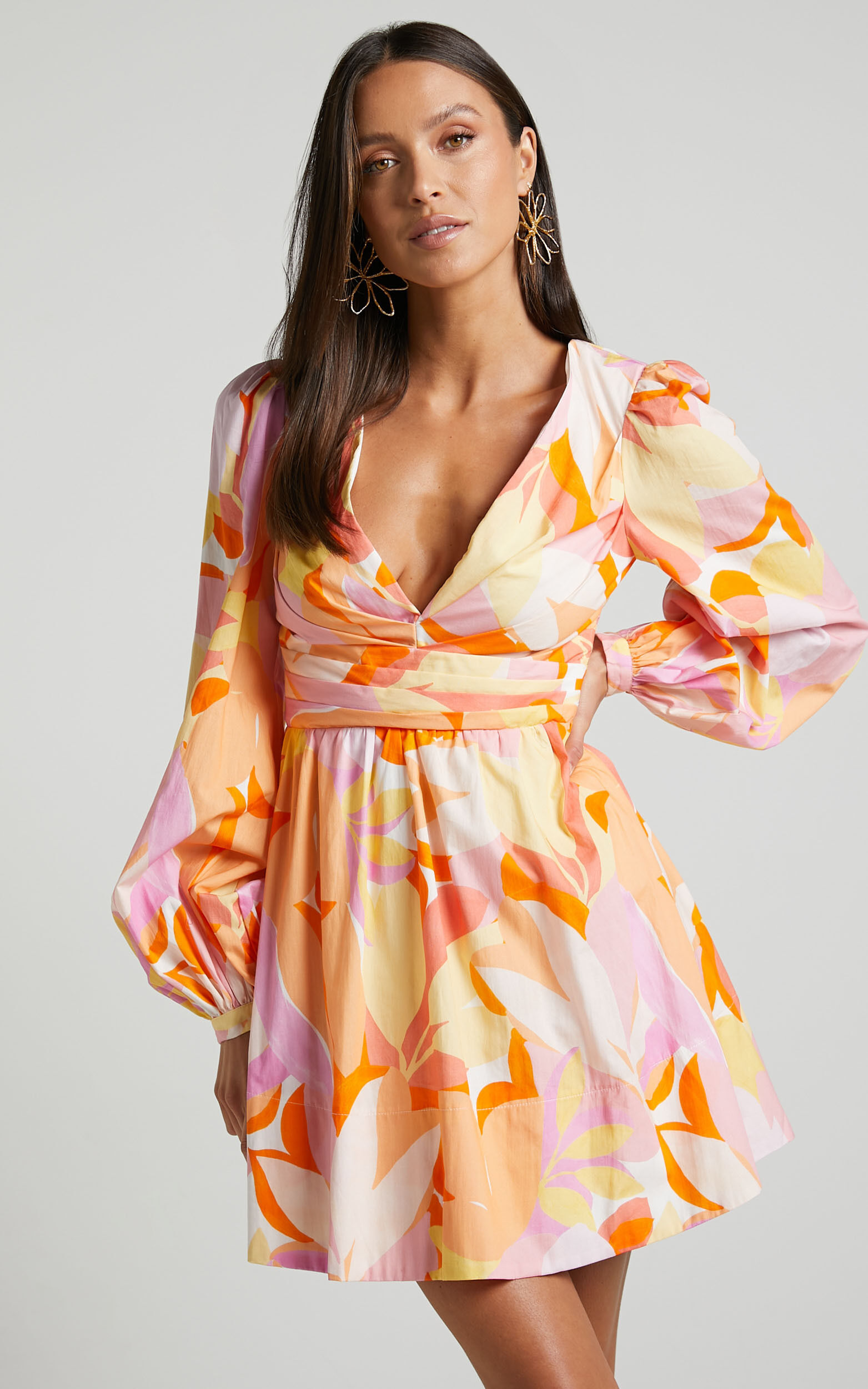 Erica Mini Dress Long Sleeve Deep V Gathered Bust Detail Dress in Orange Floral Showpo
