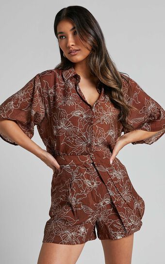 Alofi Shorts - High Waisted Tailored Soft Shorts in Brown Floral