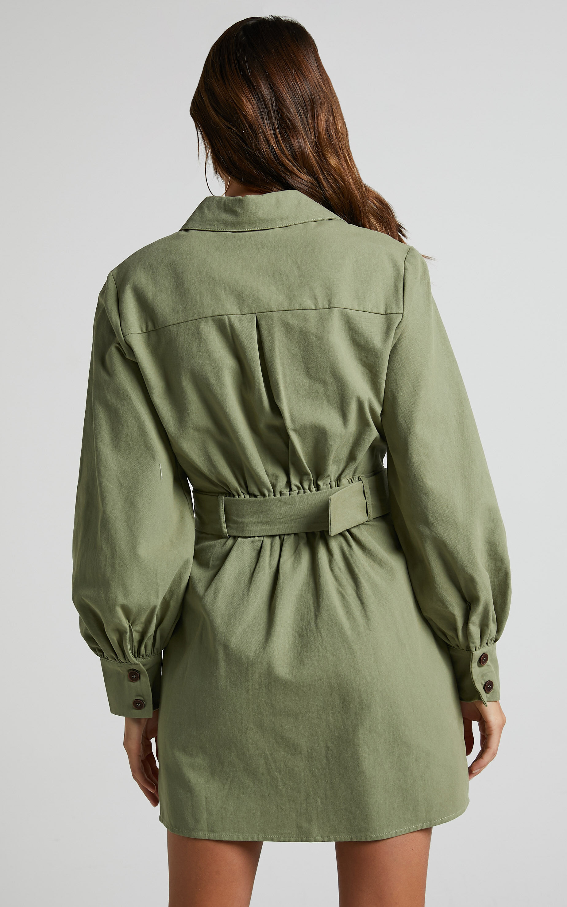 Tymika Mini Dress - Button Up Belted Dress in Khaki | Showpo