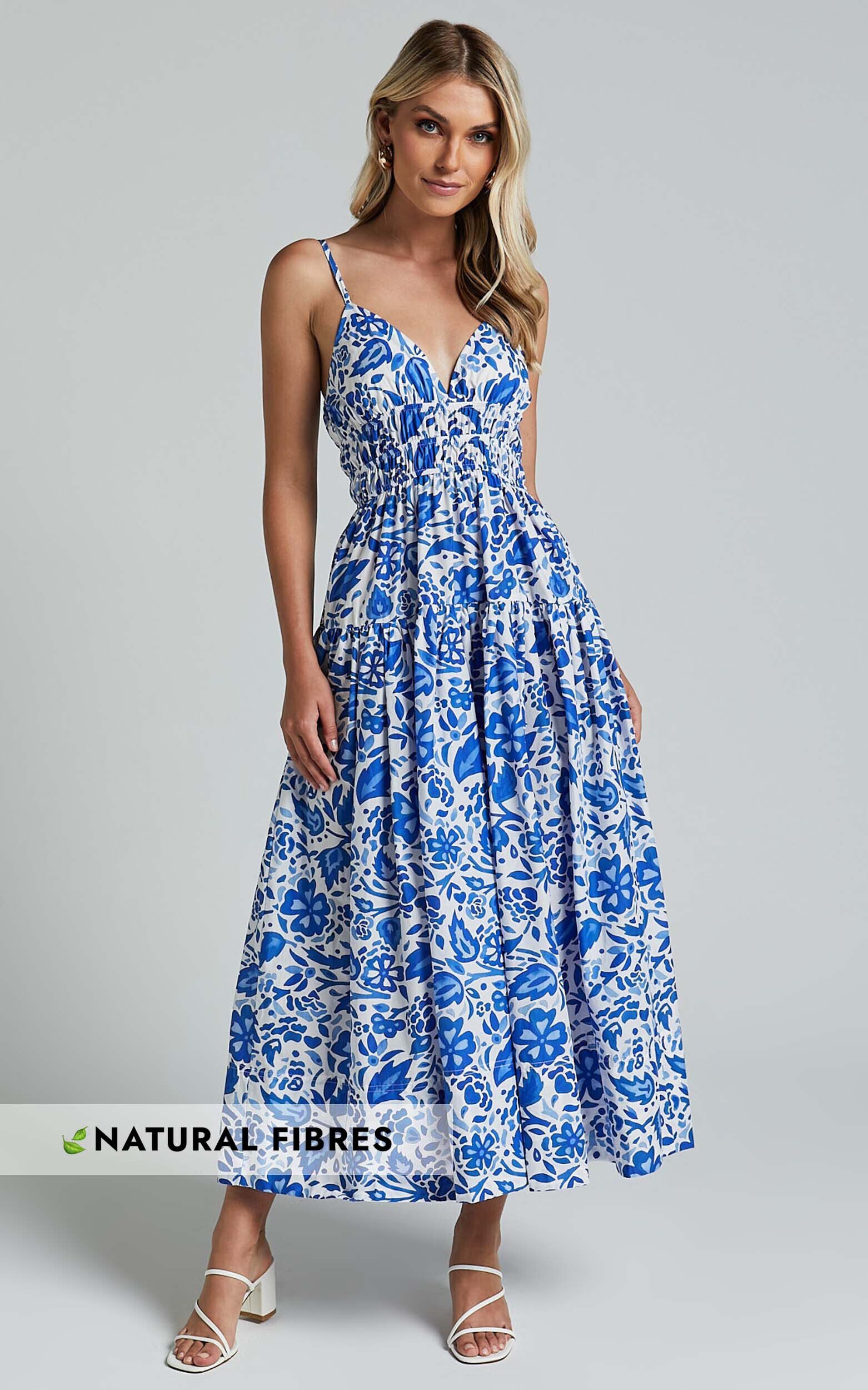 Cheri Midi Dress Strappy Fit and Flare Tiered Dress in Blue Floral Showpo USA