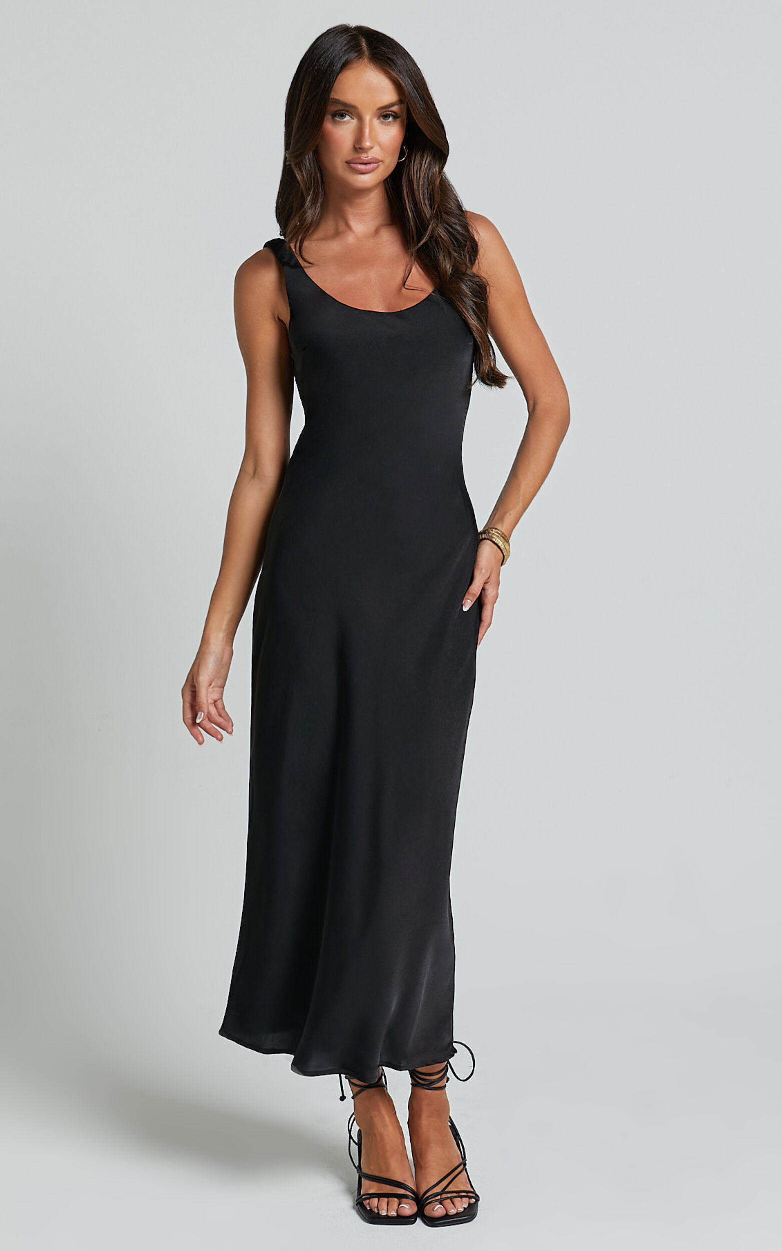 Julie Midi Dress - Scoop Neck Low Back Satin Slip Dress in Black - 06, BLK1