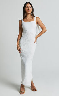 Fabia Maxi Dress - Shirred Panel Detail Dress with Bow Strap Detail in White