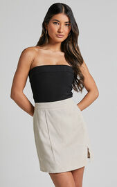 International Babe Mini Skirt - Linen Look Side Split Skirt in Oat | Showpo