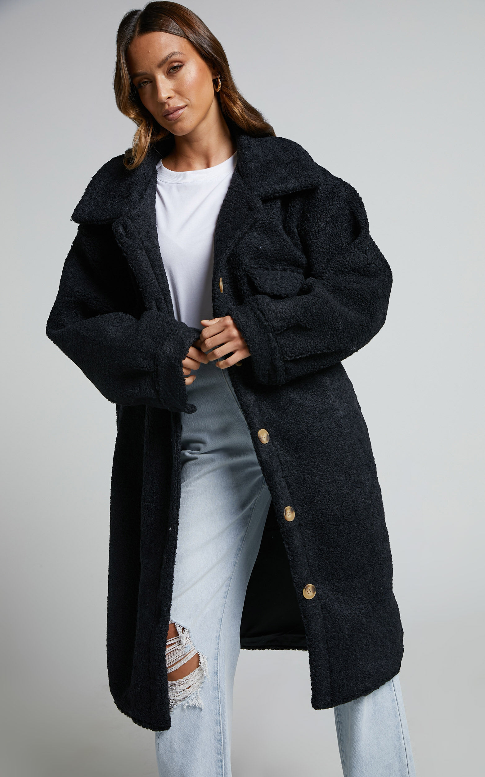Maddie Coat Longline Teddy Coat in Black Showpo EU