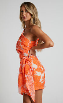 Kailey Mini Dress - One Shoulder Wrap Front Dress in Orange & Beige Jacquard