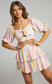 Ressy Mini Skirt - Tiered Frill Skirt in Summer Multi Stripe