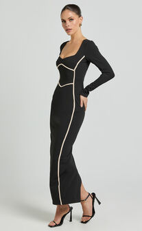 Zareena Midi Dress - Straight Neck Long Sleeve Slip Dress in Black