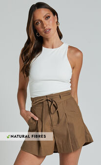 Celosia Shorts - Linen Look High Waist Tie Shorts in Olive