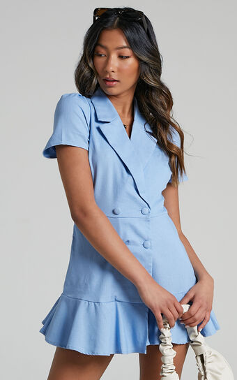 Hawker Playsuit - Linen Look Plunge Double Breasted Playsuit in Light Blue