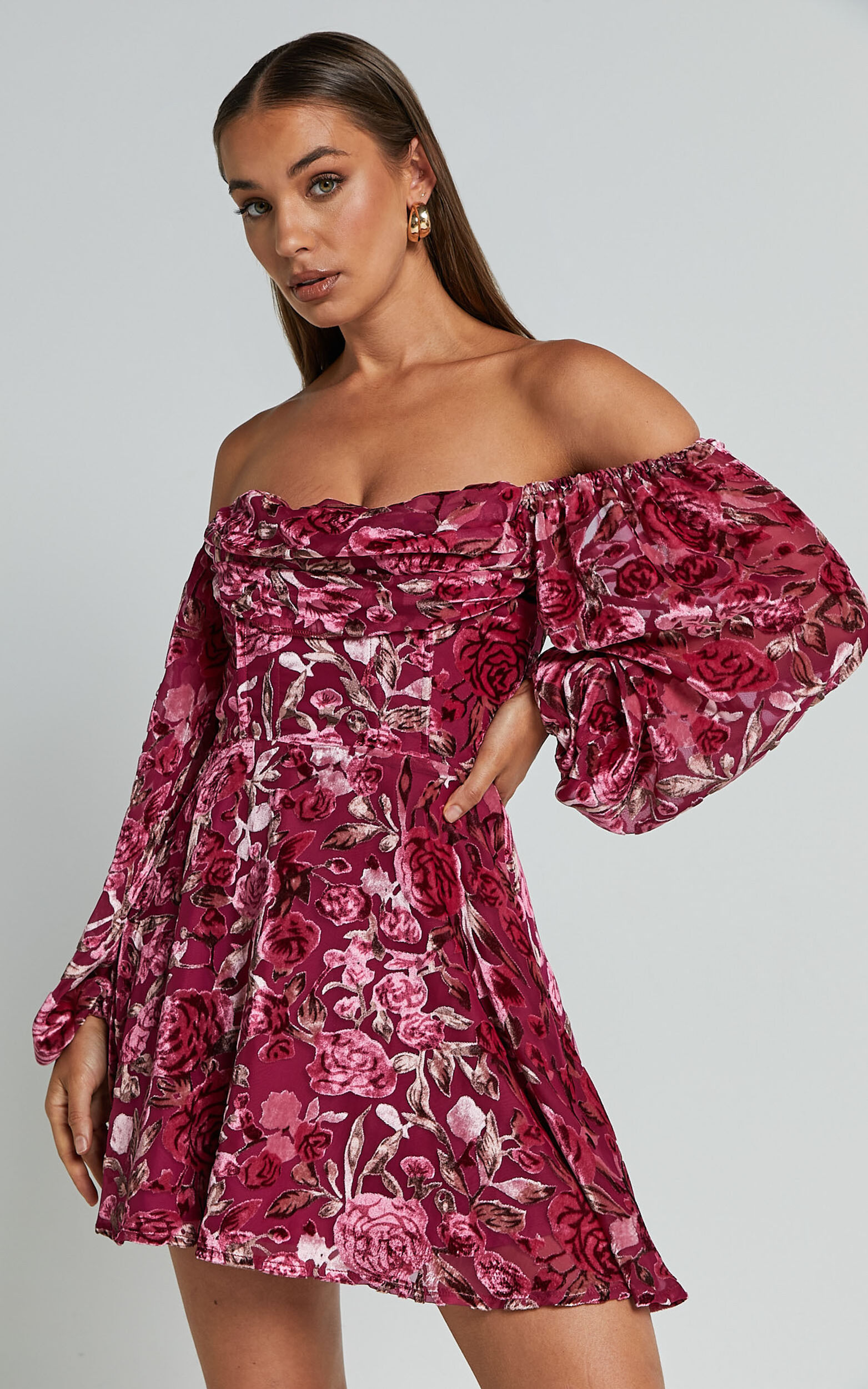 Jessell Mini Dress - Long Sleeve Cowl Corset Dress in Pink Floral Burnout - 04, PNK4