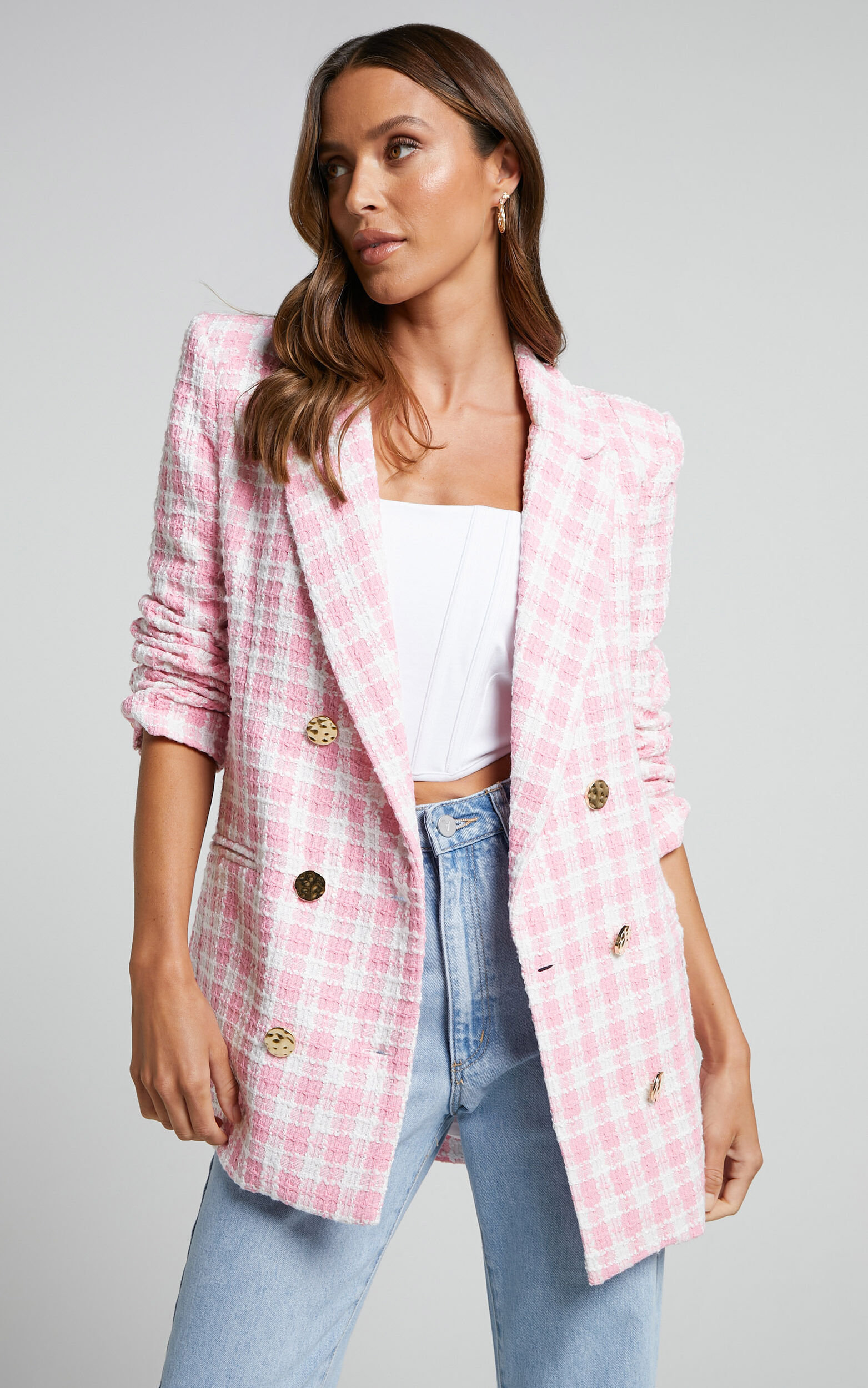 Larence Blazer - Longline Double Breasted Blazer in Pink Check - 04, PNK1