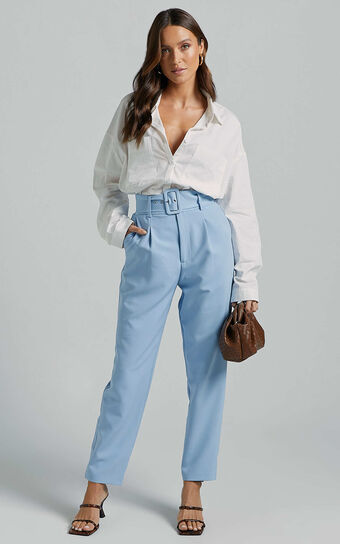 Milica Trousers - Belted High Waisted Trousers in Pastel Blue