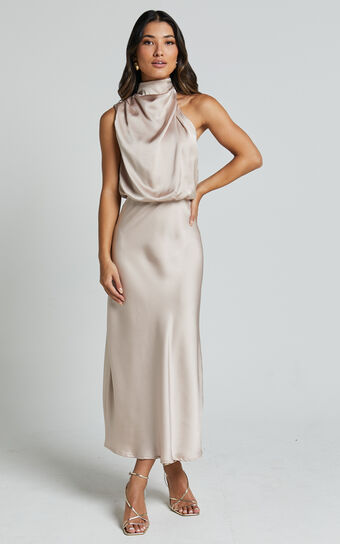 Minnie Midi Dress - Drape Neck Satin Slip Dress in Champagne