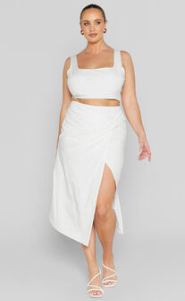 Gibson Two Piece Set - Linen Look Crop Top and Knot Front Midi Skirt Set in White