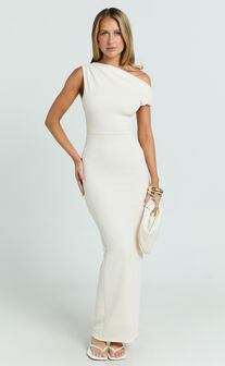 Clementine Maxi Dress - Tip Shoulder Ruched Bodycon Dress in Cream