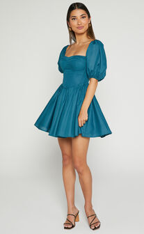 Souza Mini Dress - Fit and Flare Puff Sleeve Corset Dress in Jade Green