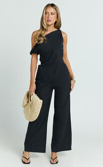 Annalie Two Piece Top and Pants Set - Off Shoulder Linen Set in Black