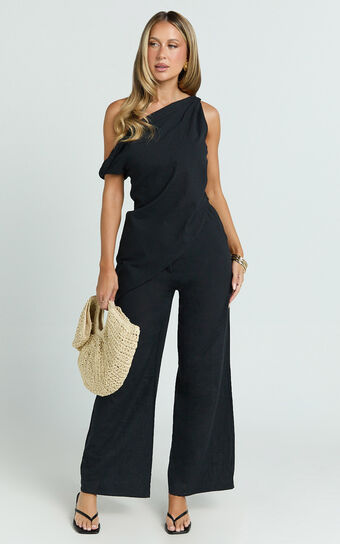 Annalie Two Piece Top and Pants Set - Off Shoulder Linen Set in Black