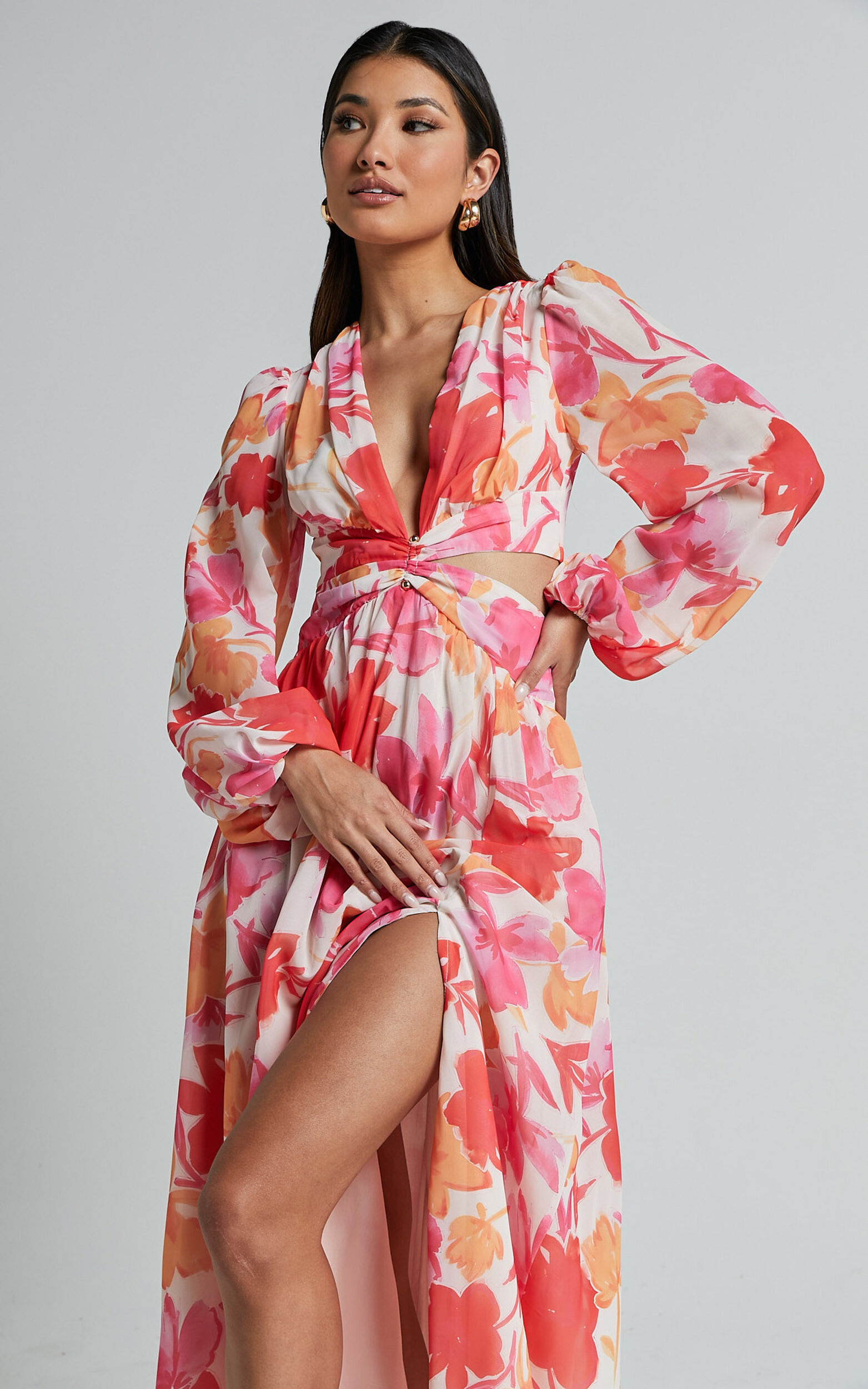 Long sleeve plunge midi dress new arrivals