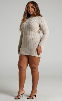 Ghamie Mini Dress - Knit Bodycon Long Sleeve Open Back Dress in Beige