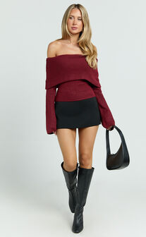 Darcie Top - Off Shoulder Long Sleeve Knitted Top in Wine